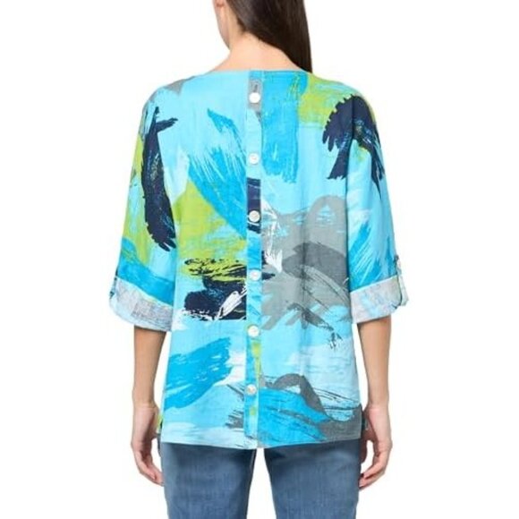 Ali Miles Womens Abstract Print Linen Top Button Back Sleeve Sustainable Artsy S - Picture 2 of 11